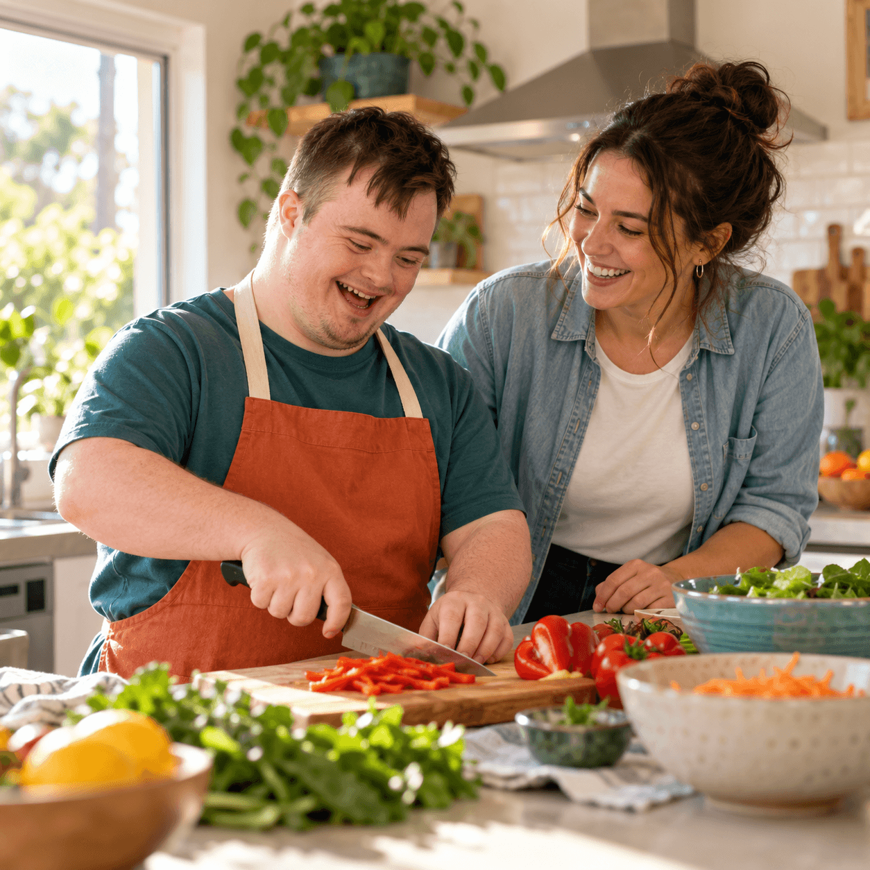 A young man chopping vegetables in a kitchen, laughing with his support worker